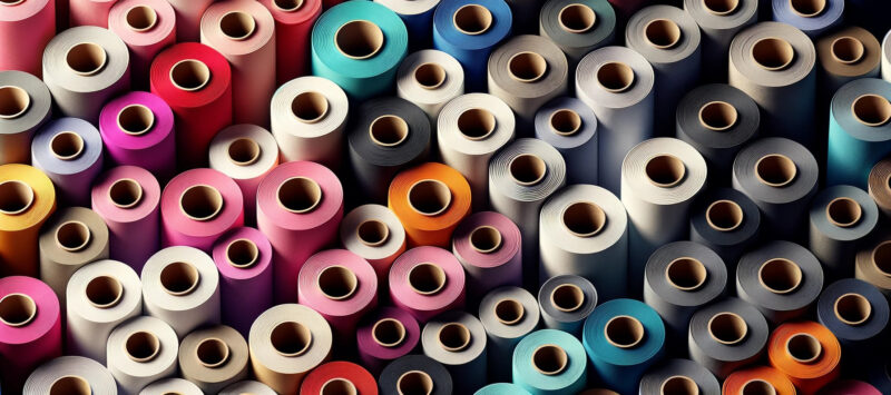 variety of fabric rolls, each revealing its cross-sectional view, with colors